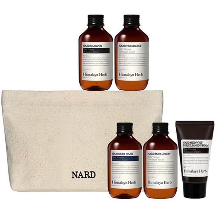 NARD Travel Kit 5-Piece Set + Cotton Pouch – Shampoo, Treatment, Body Wash, Body Lotion & Facial Cleanser, Korean