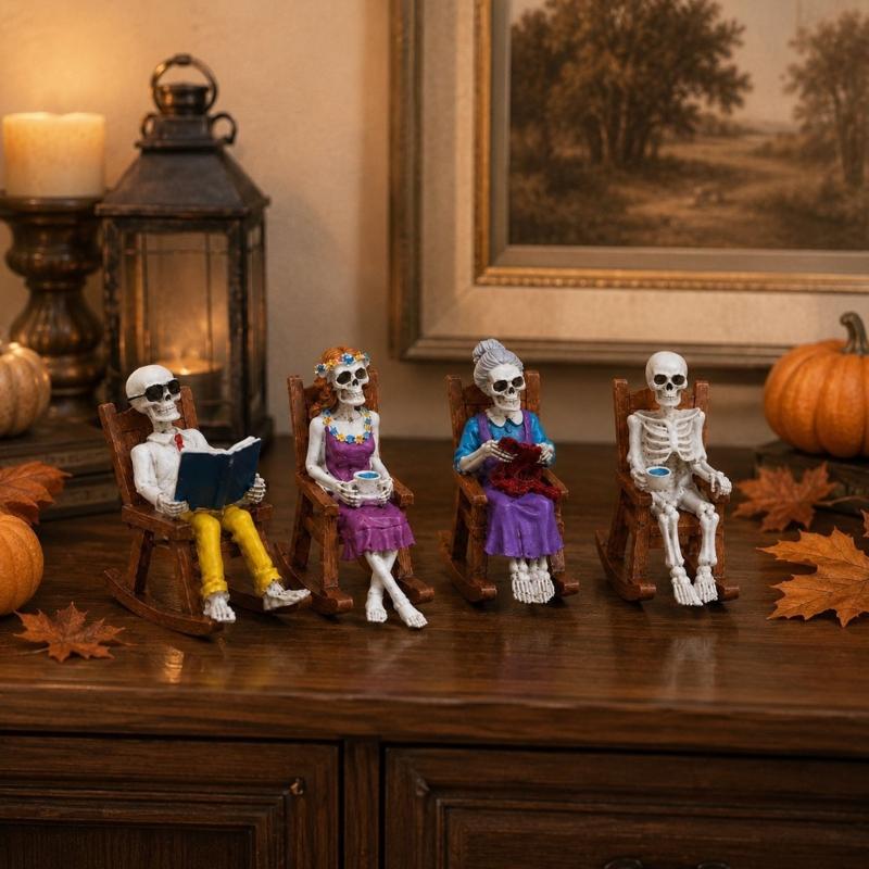 Halloween Rocking Chair Figure for Shelf Display and Room Styling, Skull Home Accent for Bookcase and Entry Placement