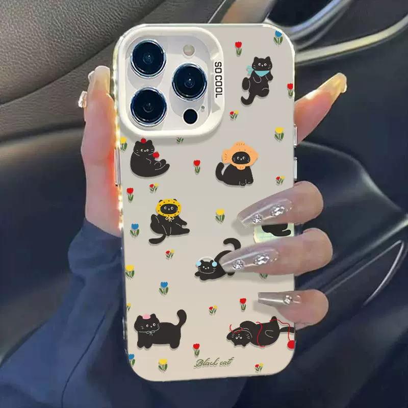 Cute Black Cat Cartoon Phone Case, Kawaii Floral Kitty Protective Cover, Aesthetic Shockproof Cell Phone Case for iPhone