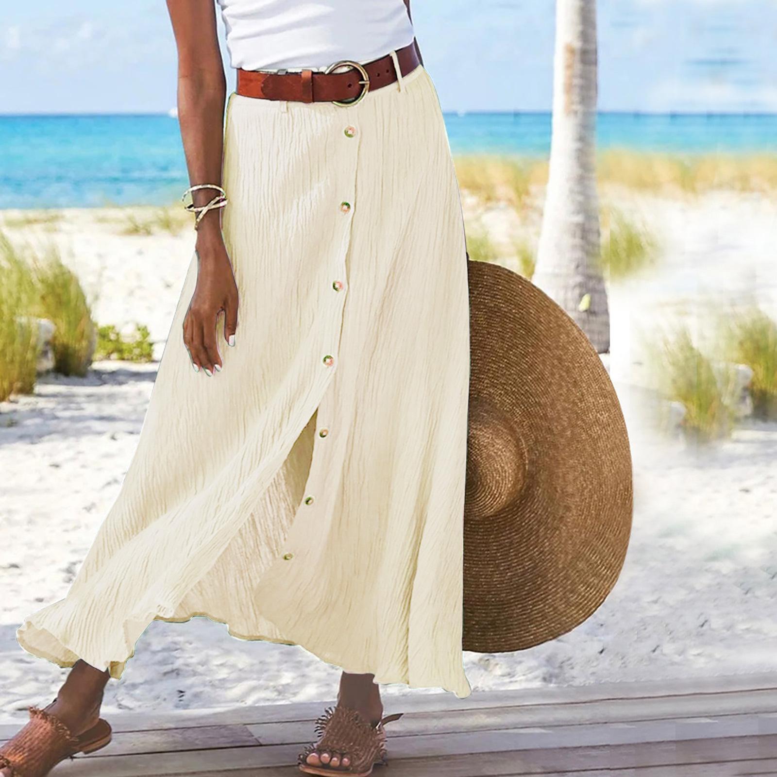 

Summer Women s Skirt Cotton Linen Important Button Slit Flower Print Fashion Versatile Vacation Beach Midi Skirt 3XL бежевий