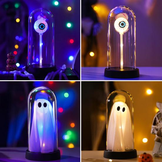 LED Clear Dome Eyeball Night Light Creepy Light-up Eyeball in Cloche with Wooden Base for Home Kitchen Tabletop Mentel Shelf Decor