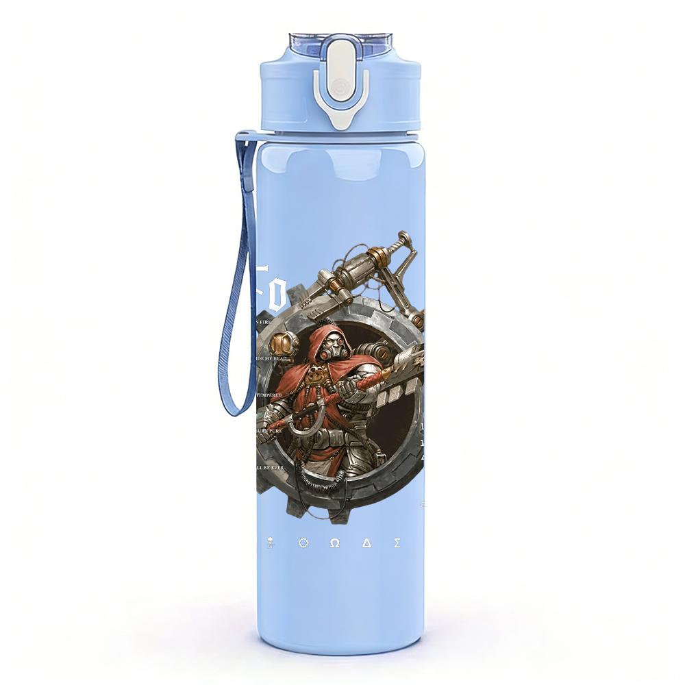 1PC Dark armored fantasy creature print 750ml colorful plastic sports water bottle leakproof pop up lid with straw for outdoor work home use