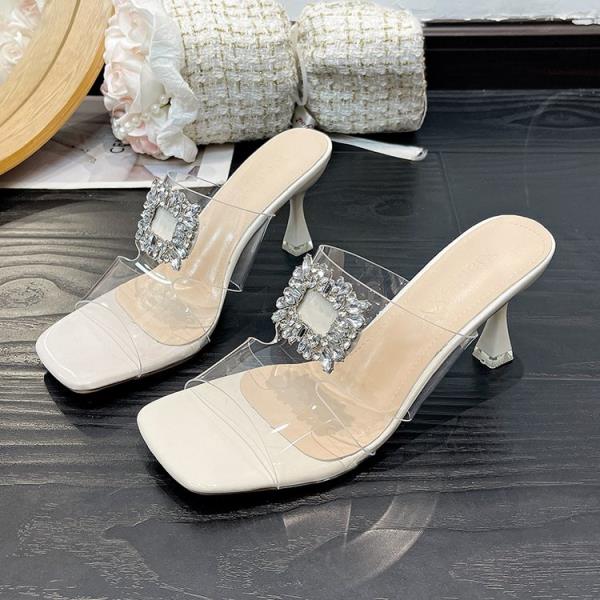 

Модные прозрачные тапочки обувь женская 2025 тонкий каблук пантофли блестящие шлепанцы мюли на каблуке модные новые желе высокие люксовые хрустальные 35
