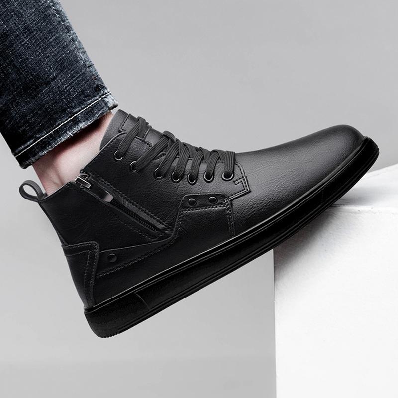 Genuine Leather Men High Top Shoes Warm Plush Fur Winter Casual Shoes Classic Comfy Male Ankle Boots Versatile Motorcycle Botas