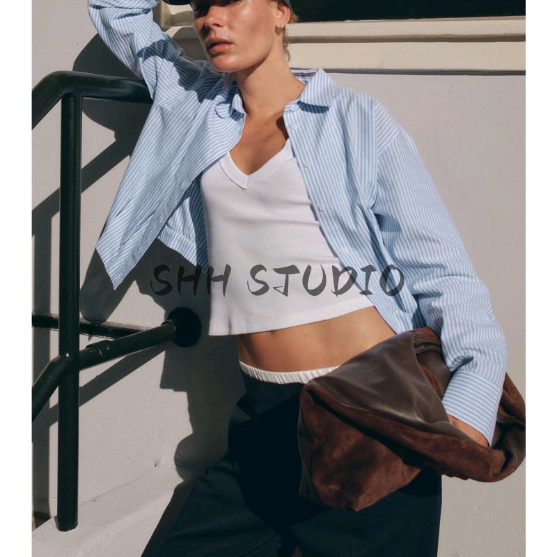 Autumn New Women's Clothing French Lapel Long Sleeves Waist Ruched Striped Short Style Oxford Shirt 8417446