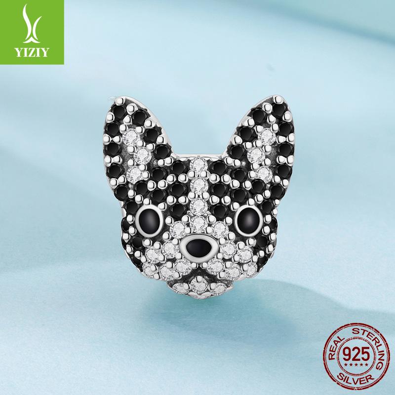 S925 Sterling Silver Boston Dog Beaded Accessories, Exquisite Three-Dimensional Black And White Zircon Beads Loose Beads