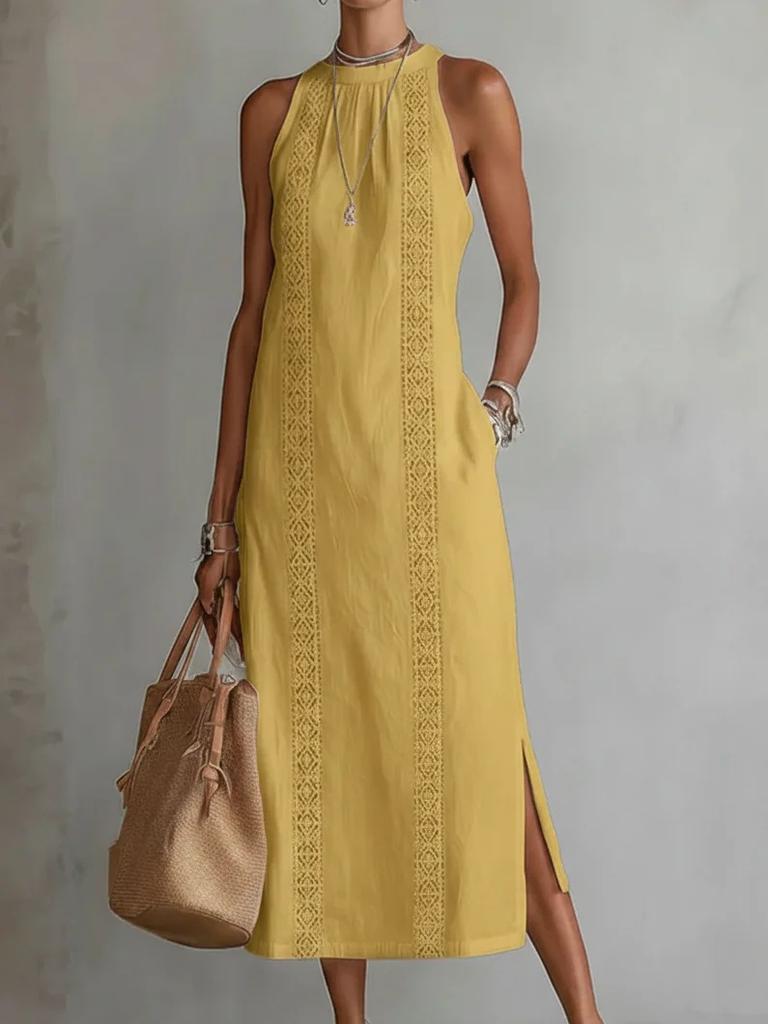 Elegant White Sleeveless Maxi Dress with Slit and Lace Detail