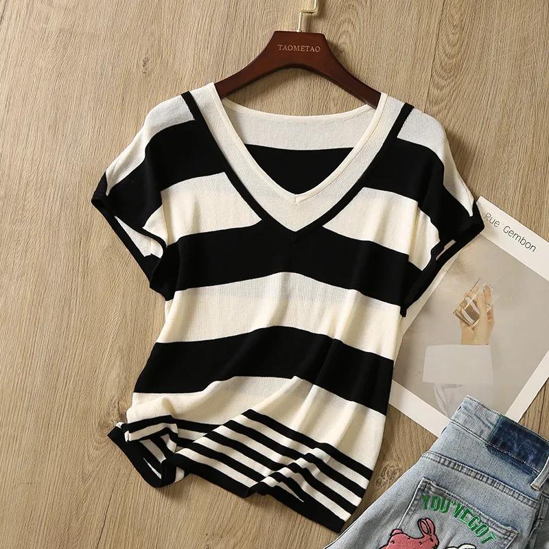 Camiseta de Verano Ligera de Seda de Hielo de Manga Corta a Rayas para Mujer: Juvenil, Holgado