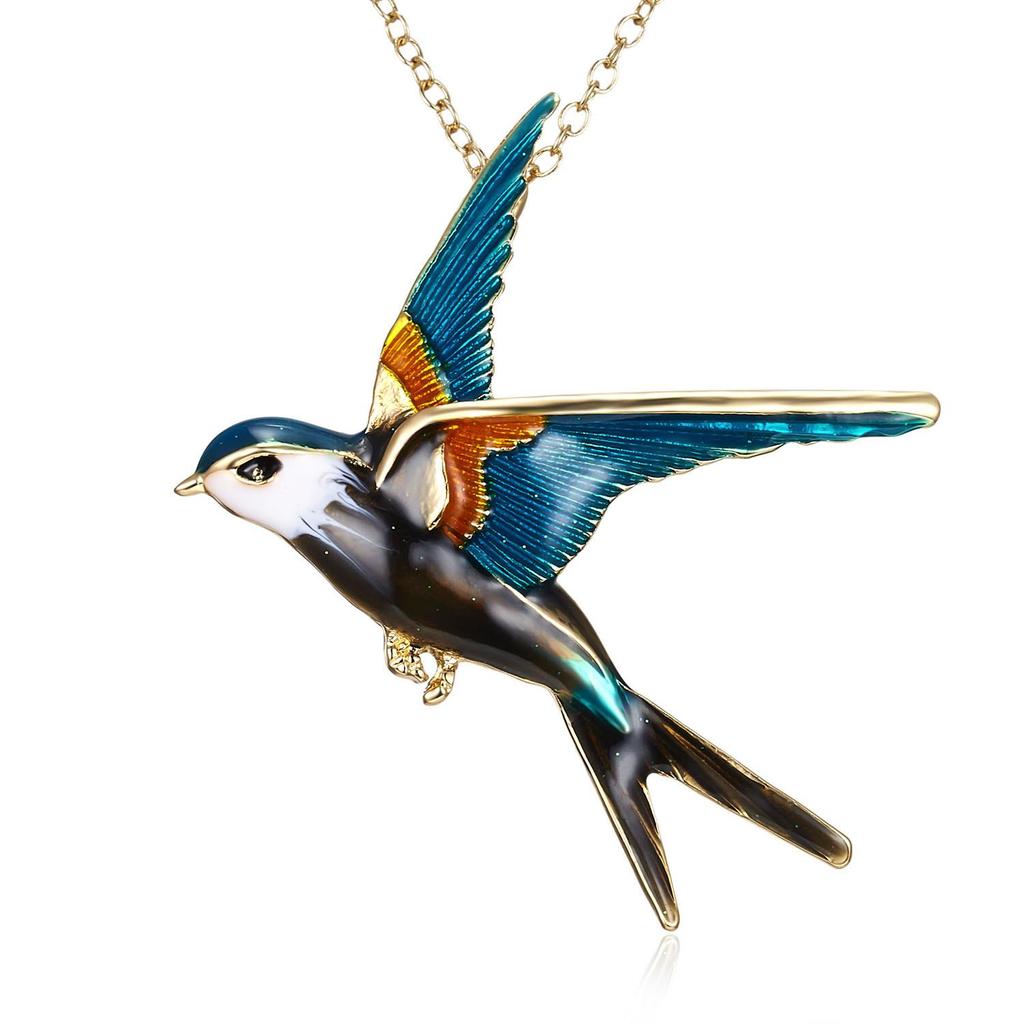 Tri-Color Swallow Oil Painting Brooch Necklace - Versatile Bird Jewelry for Women