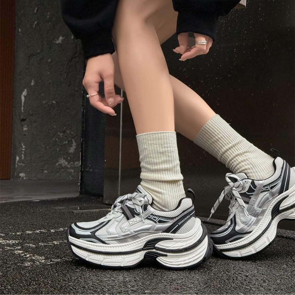 thick-soled leather dad shoes women's autumn new casual sports shoes small height increase color matching mesh breathable
