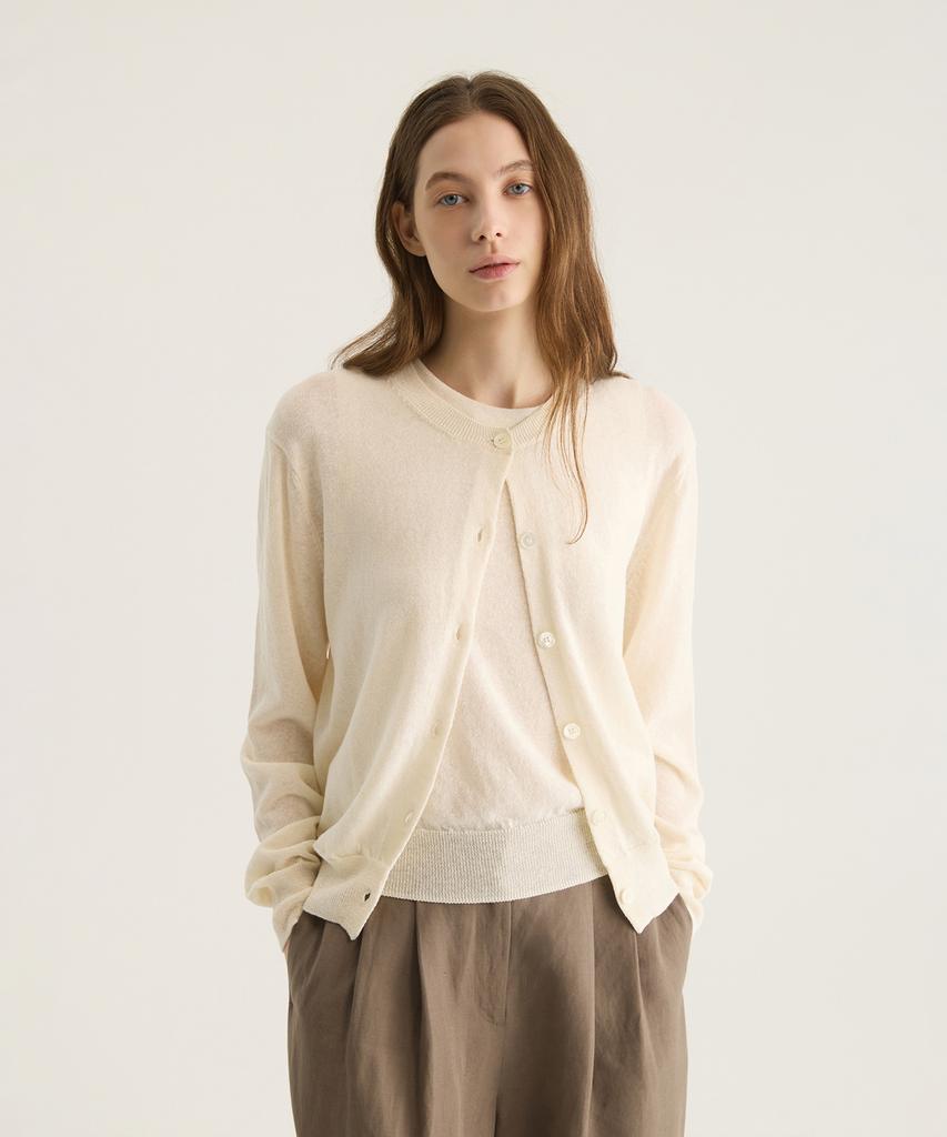 Oatmeal Cafe Linen Round Neck Cardigan - Ivory