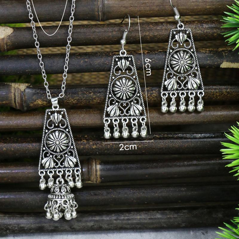 GemChic Women's New Classical Ethnic Alloy Hollow Bell Tassel Pendant Necklace Earrings Two Piece Set Birthday Christmas Jewelry Gift