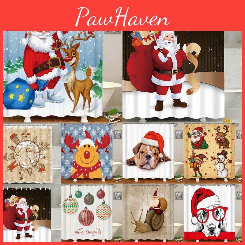 Christmas Shower Curtain With Hooks Durable Waterproof Bathroom Decor Santa Claus