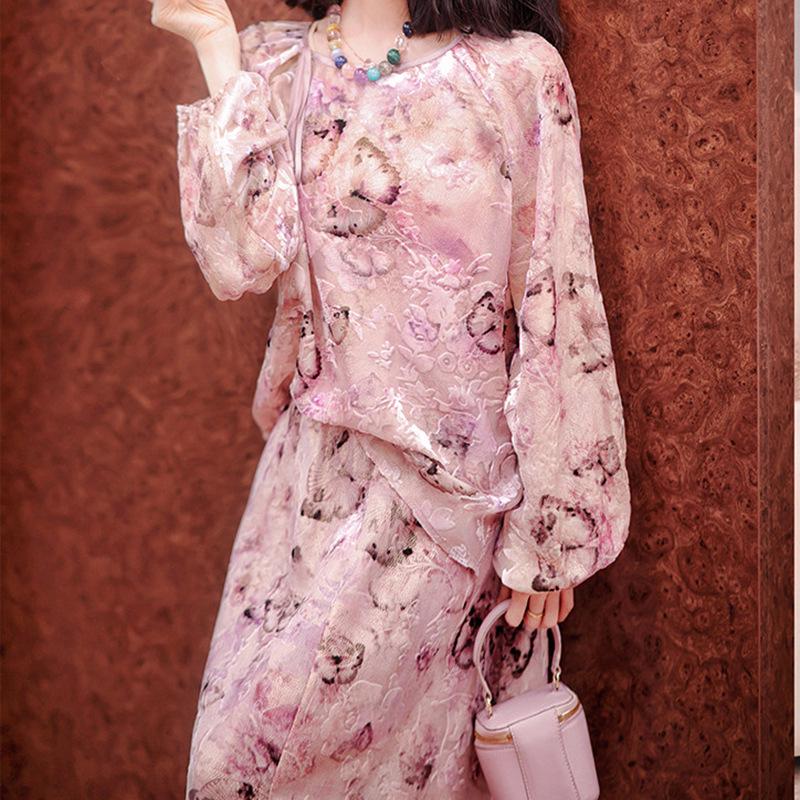 

Daxxi Mirror Flower Butterfly Dream Silk Velvet Blouse & Skirt Set - Women s 2026 Collection Large