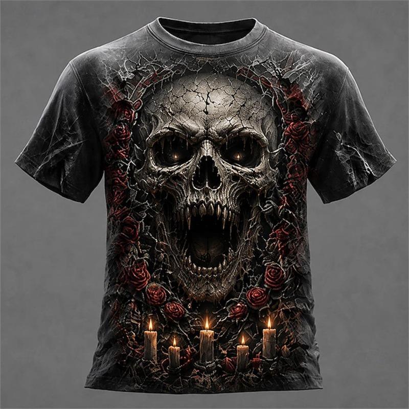 Halloween Men's Optical Illusion Skeleton T-Shirt Short-Sleeve T-Shirt 3D-Printed Crew Neck Shirt Horror Theme Streetwear Top