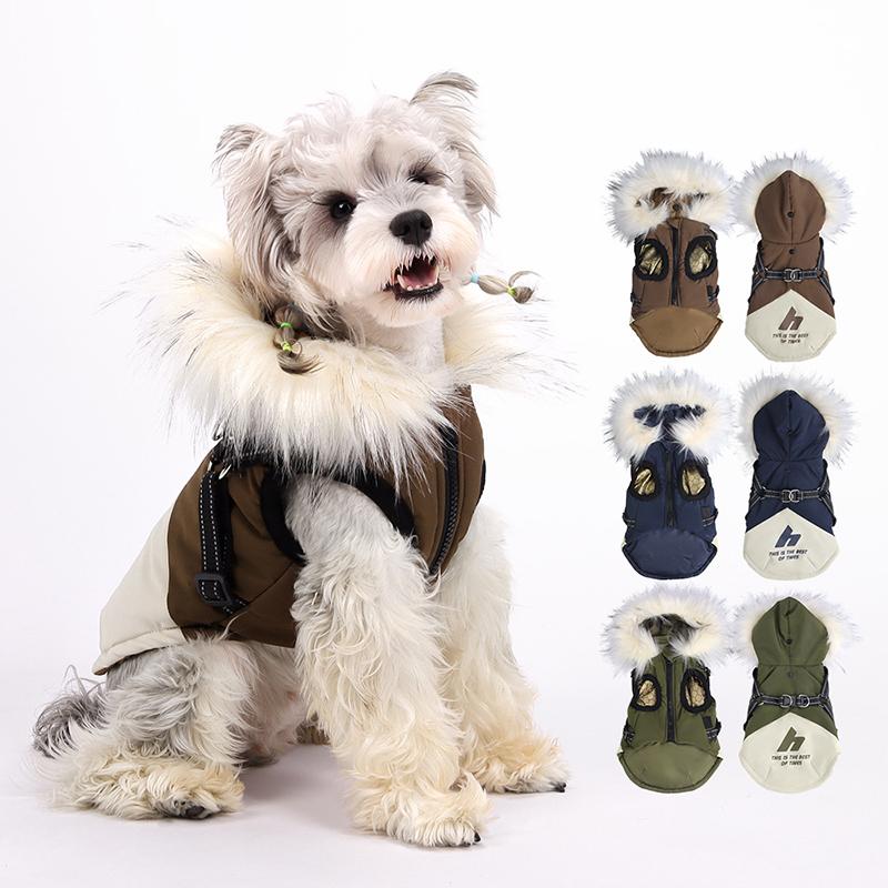 Autumn Winter Dog Down Cotton Jacket With Hooded Fur Collar Four Leg Protection Dog Windproof High Neck Jacket Dog Clothes