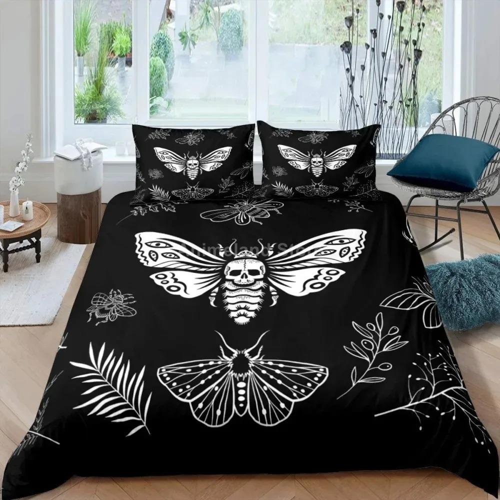 Gothic Skul Soft Duvet Cover Set, Death Moth Plus Flowers Warm Comforter Cover King Personalized Skeleton Bones Beding Sets Black Cream