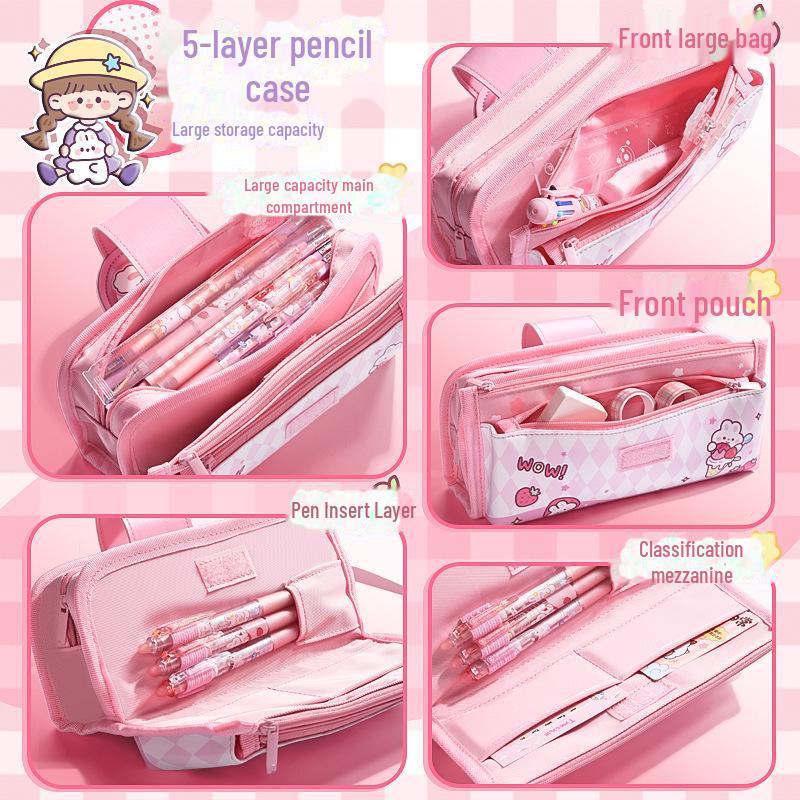 Kaba Bear Cartoon Multi-Layer Flip Cover Pencil Case for Girls - Large Capacity, Cute Design for Primary Students.