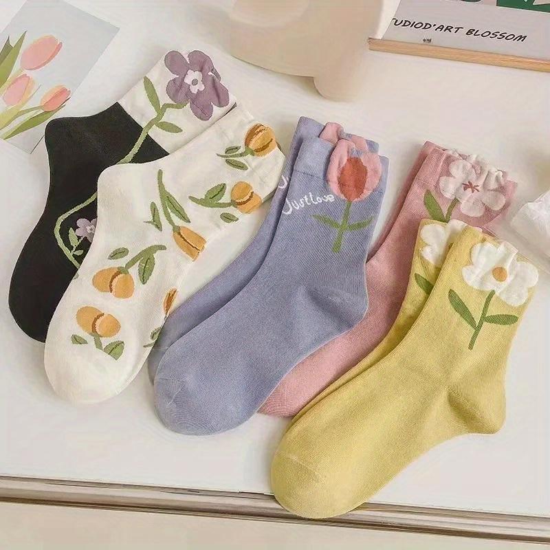 5 Pairs Women s Colorful Mid-calf Socks - Floral Patterns | Breathable Polyester, Cute Socks