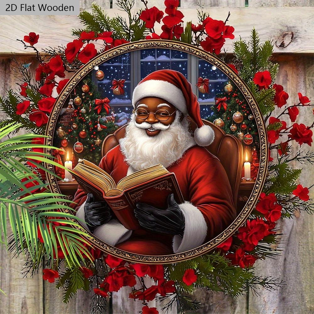 Schwarzer Weihnachtsmann Holzweihnachtsschild - Navidad Rundes Schild für Hof, Tür, Wandbehangdeko - Ideale Weihnachtsdekoration