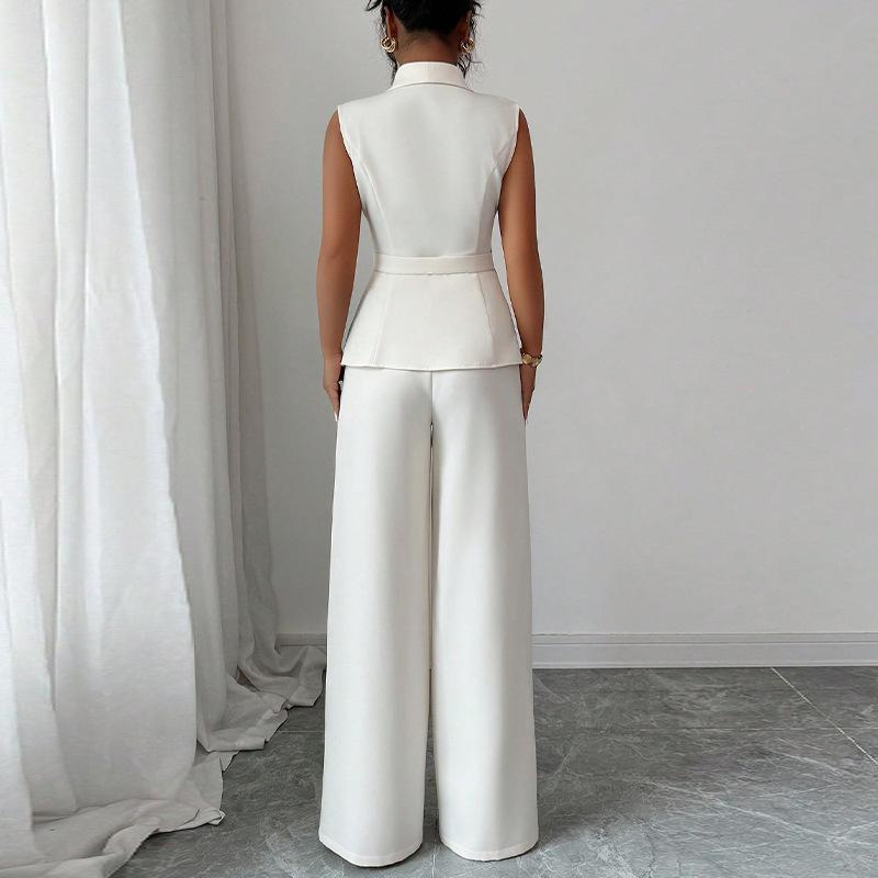 Womens Sleeveless V Neck Blouse Wide Leg Pants Set Solid Color Suit