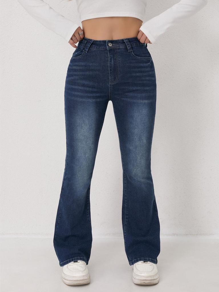 Puffanpop Women's High Waisted Stretchy Flare Jeans - Dark Wash Denim Bootcut Pants with Buttoned Back Pockets Slim Fit Bell Bottom Trousers