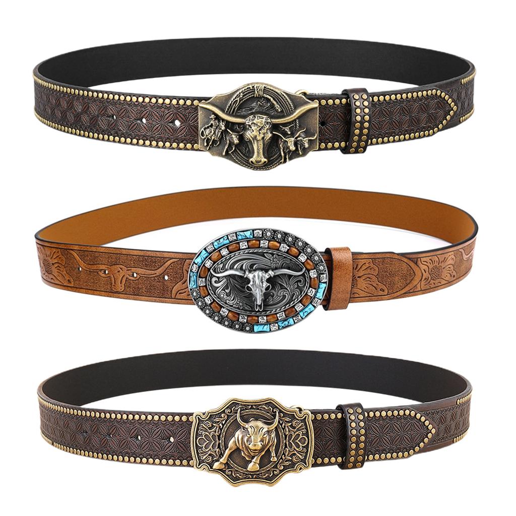 Vintage Design PU Leather Belt Men Punk-Embossed Westerns Denim Belt With Buckle Adjustables Soft Belt 110/115//120/125cm