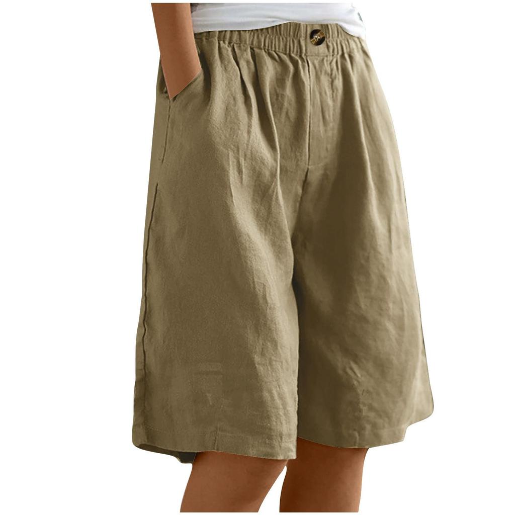 Female Summer Solid Color Simple Cotton Linen Shorts Button High Waist Loose Five Pants