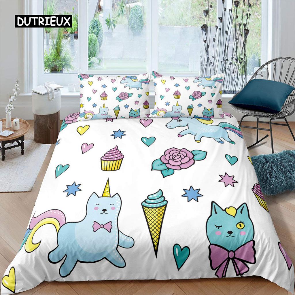 Sada povlečení na peřinu s kreslenou kočkou, sada ložního prádla s kresleným zvířecím potiskem a povlakem na polštář, 2/3dílná přikrývka do ložnice