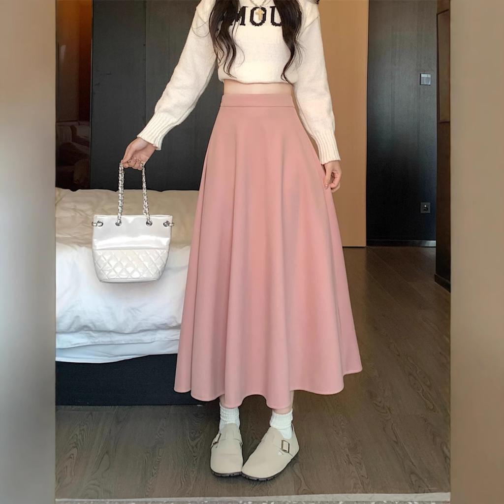 Women's High Waist A-Line Midi Skirt Solid Color Pleated Swing Blazer Skirt
