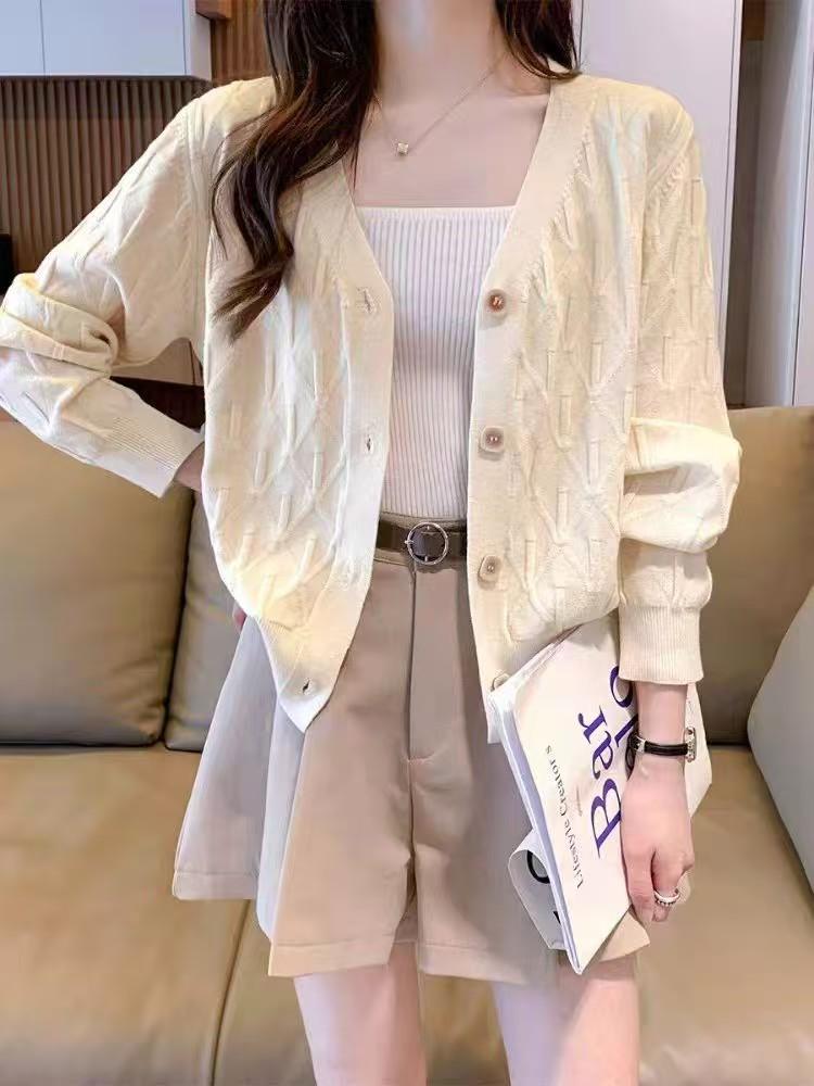 V-neck knitted cardigan women's lazy spring and autumn new Korean version loose versatile sweater jacket top