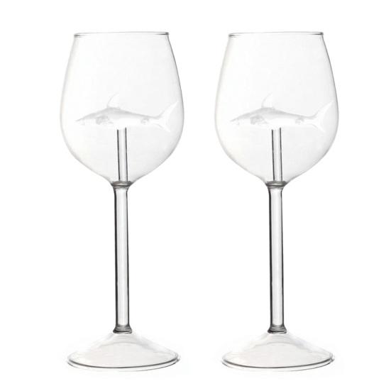 Zestaw Kieliszków do Wina Rekin Ręcznie Dmuchane Bezołowiowe Szkło Kielich z Rekinem 3D Wewnątrz 300ml Kreatywny Motyw Rekina Akcesoria Barowe Prezent dla Mężczyzn Kobiet Miłośników Rekinów