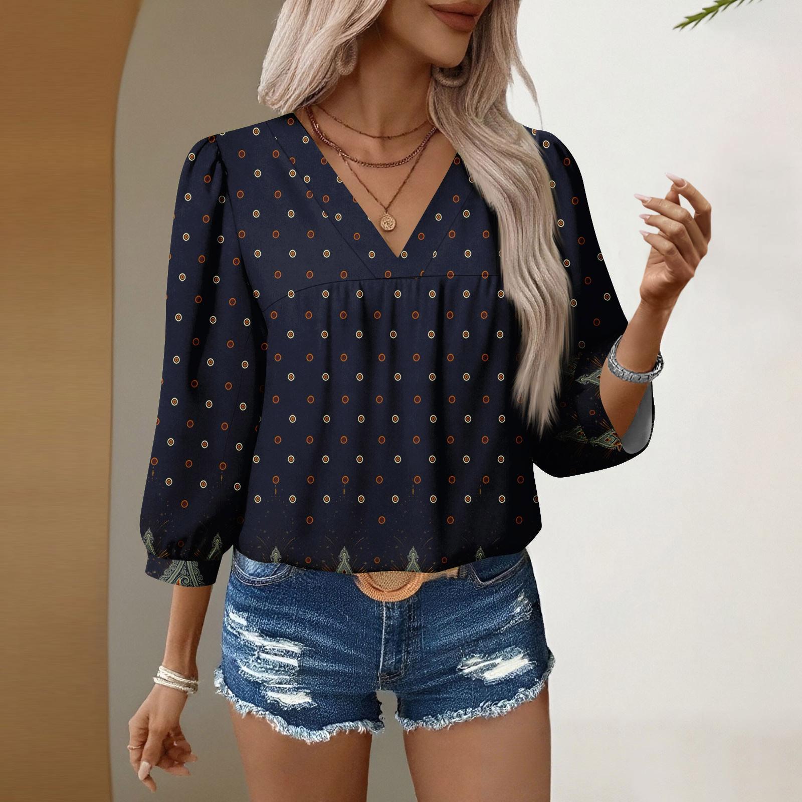 

Женские повседневные блузки с V-образным вырезом и цветочным принтом, рукав 3/4, бохо, осенние топы, рубашки S тёмно-синий