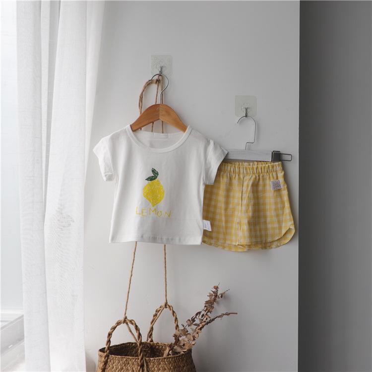 Korean 2026 Kids' Summer Fruit Tee & Plaid Shorts Set