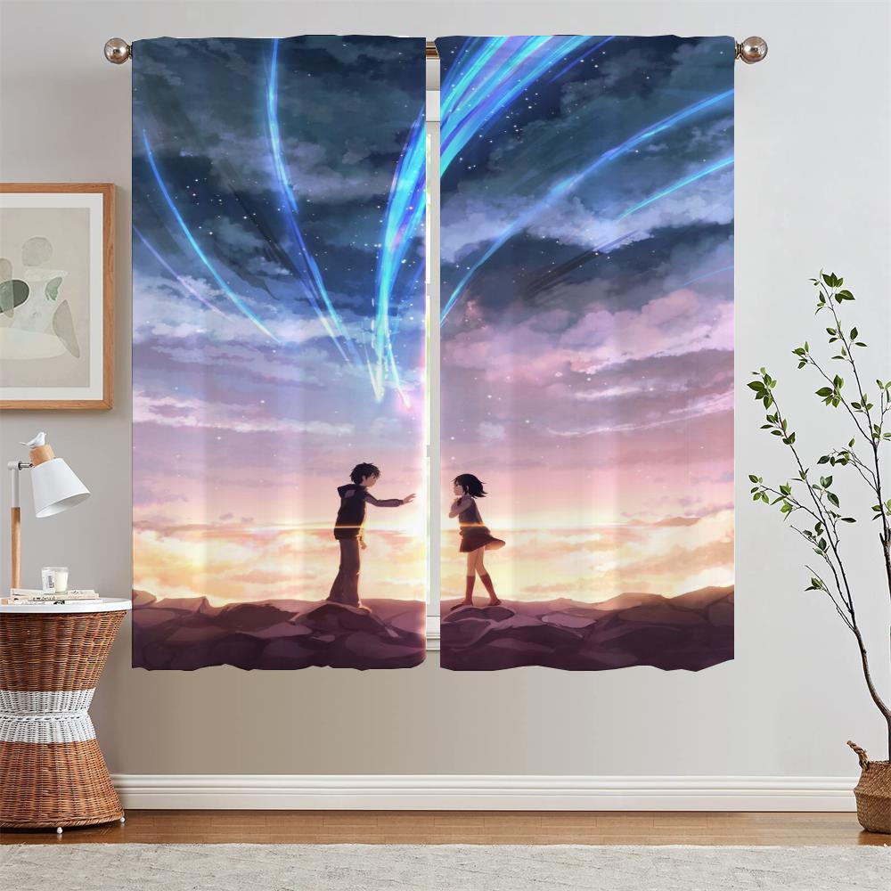 Hayao Miyazaki Modern Living Room Curtains for Camera Blind Blackout Curtain Tiebacks Partition Kitchen Curtains 2 Pcs Set Curls