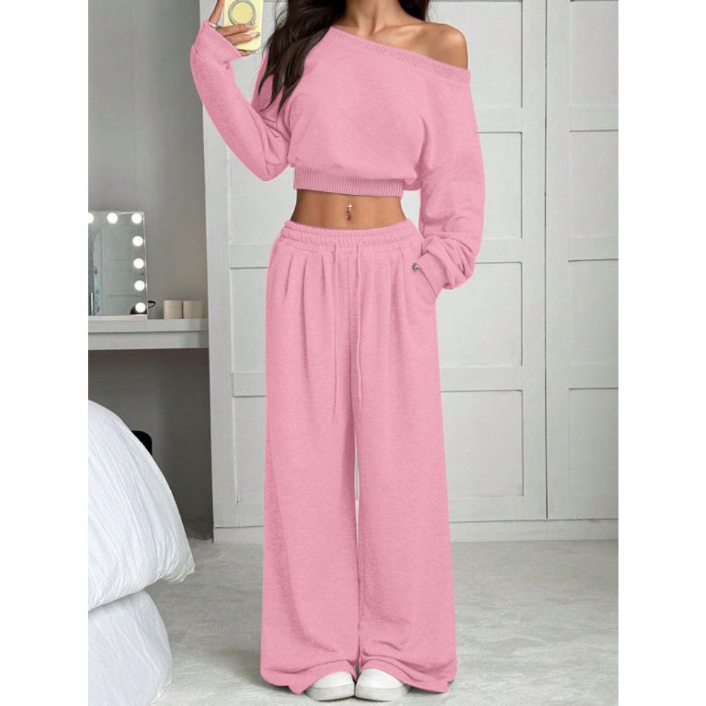 Tuta da Donna Vestibilità Larga Spalle Scoperte Manica Lunga Crop Top Vita Alta Pantaloni Larghi Tuta Due Pezzi
