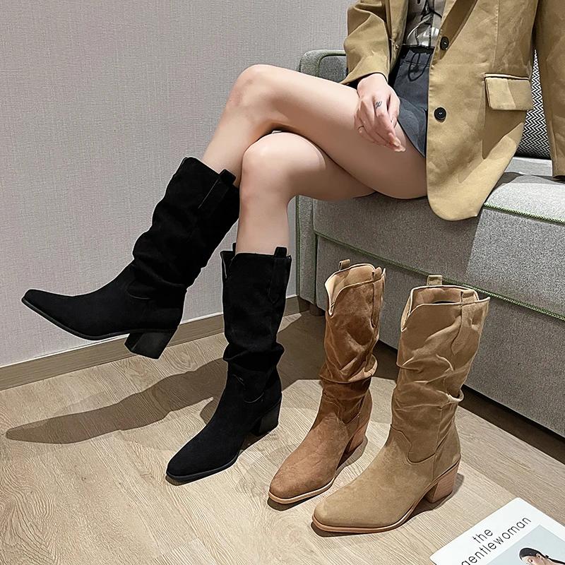 Fashion New Women's Retro Long Boots for Spring Fashion, Suede Midsole Stacking Boots, Thick Heel Square Toe Oversized Denim Boots