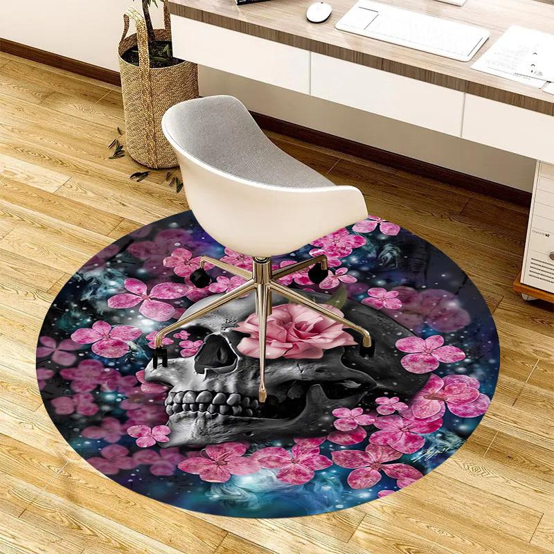1pc Office Carpet Chair Mats Skull with Pink Flowers Circular Artwork Perfect for Decorating Office Chairss, Or Bedrooms.YDT482