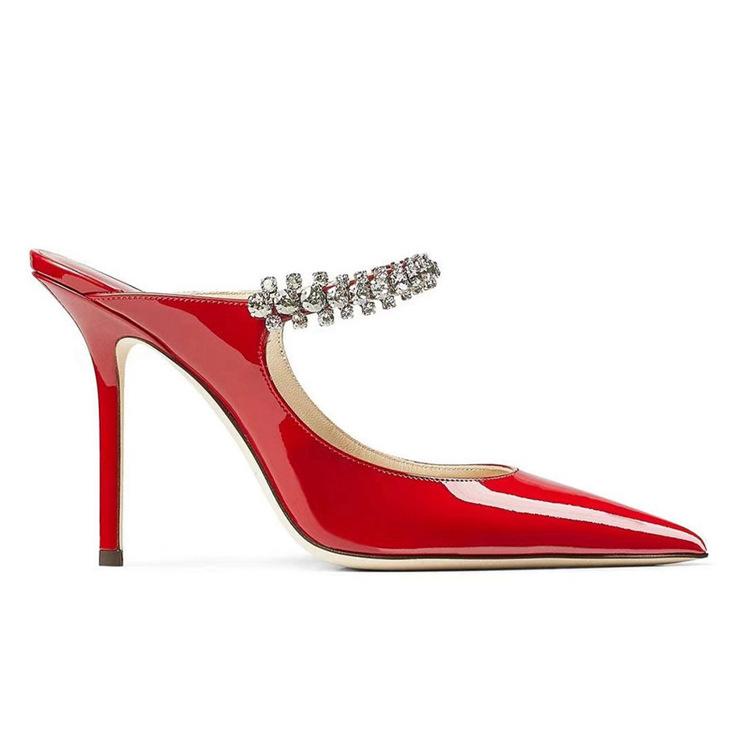 

New European and American one-word strap super high-heeled sandals, black pointed rhinestone high-heeled shoes, shallow stiletto. 34