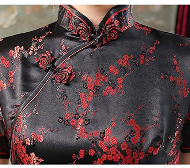 TRTRO Long Cheongsam Dress with Embroidered Ethnic Elegant Upgrade Plum Blossom Print In Size Women's Pattern, Fashion, (Red Black, S)