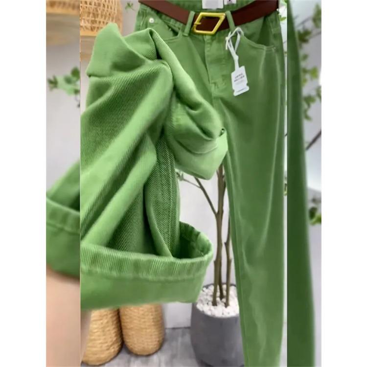 Elegant Wide-Leg Green Plus Size Denim Jeans for Women Loose High-Waisted Green Pants