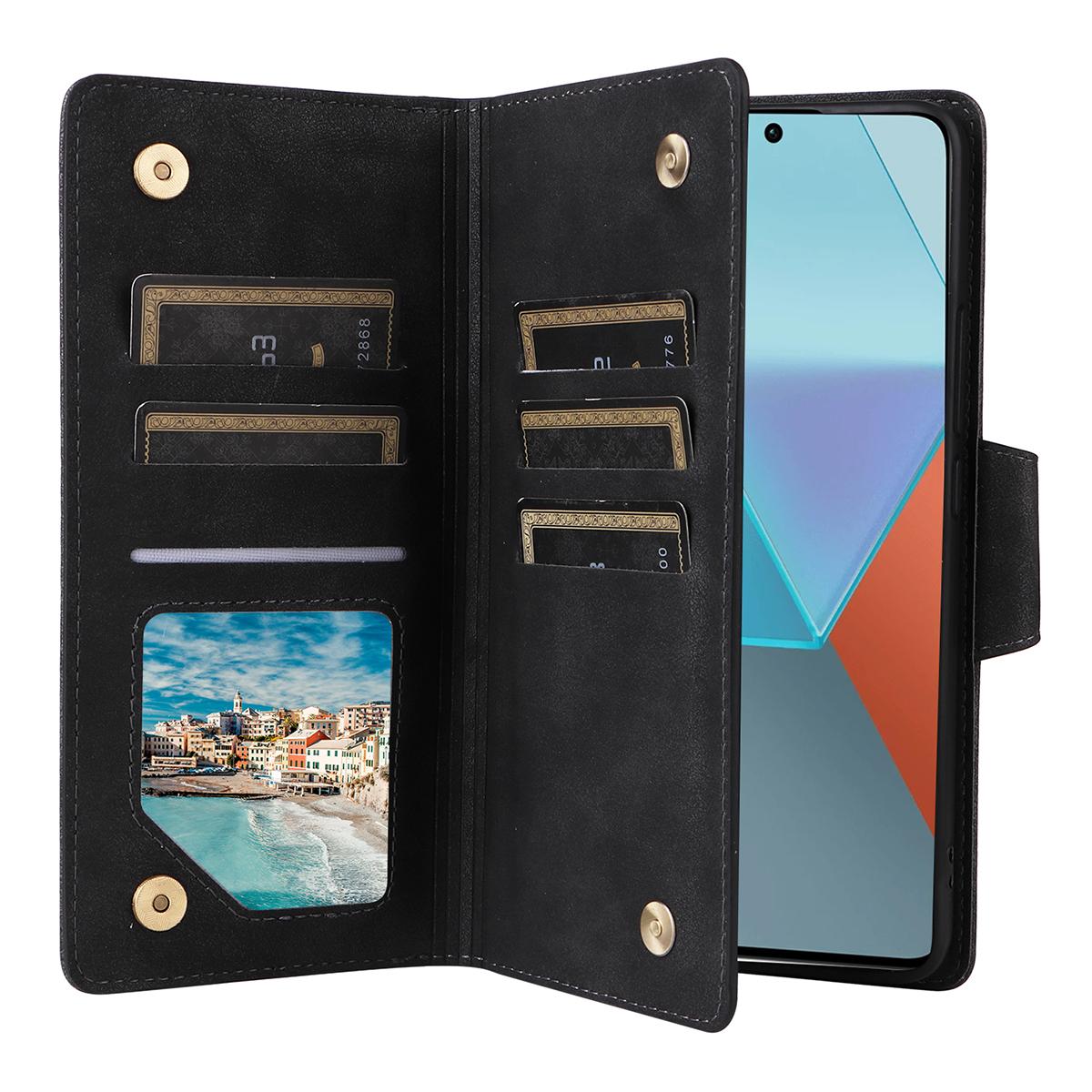 

For Xiaomi Redmi Note 13 Pro 5G/Poco X6 5G Zipper Case PU Leather Stand Flip Phone Cover Black