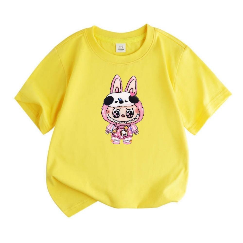 2025 Popular Children's Clothing Short Sleeved LABUBU Wearing Pajamas Pattern Round Neck T-shirt Cartoon Style Girl's Top