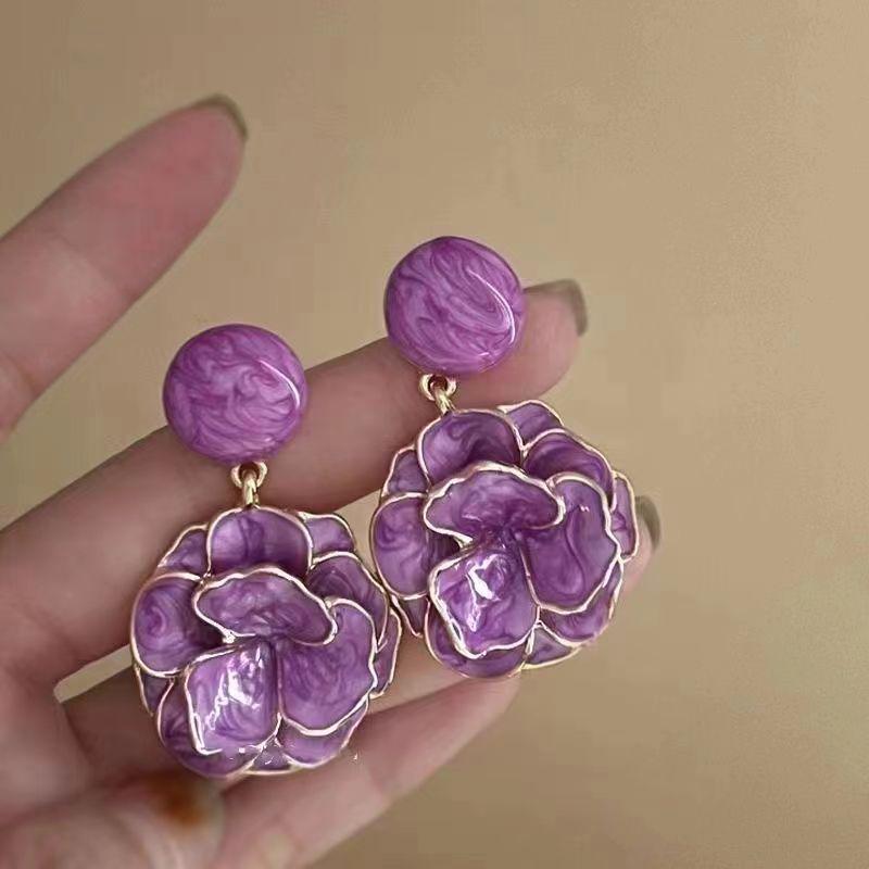 2024 New Exaggerated Purple Flower Drop Earrings - Women's Vacation Style, Creamy Hue, High-End Chic