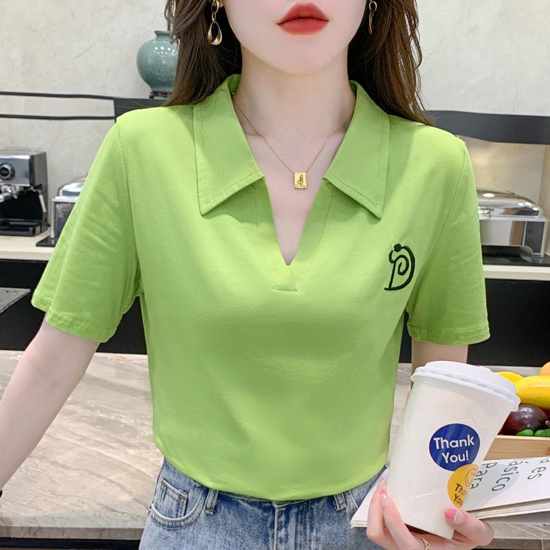 Women s Summer 2026 Slimming Embroidered Striped Polo Collar T-shirt M