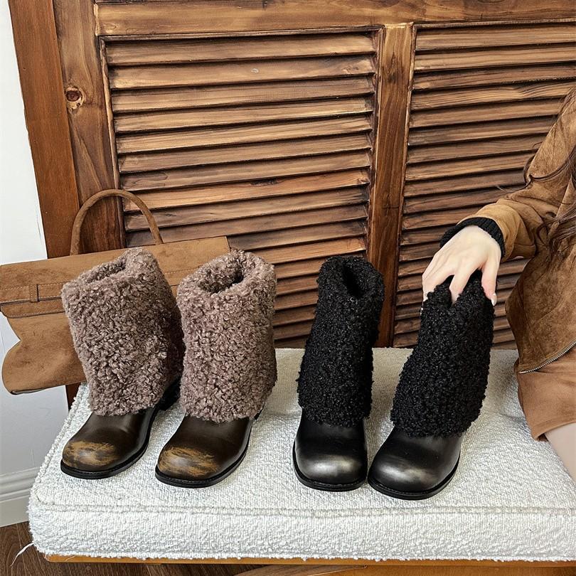 British high-heeled small leather shoes women's shoes 2025 winter new square head thick heel versatile plush shoes women's single shoes