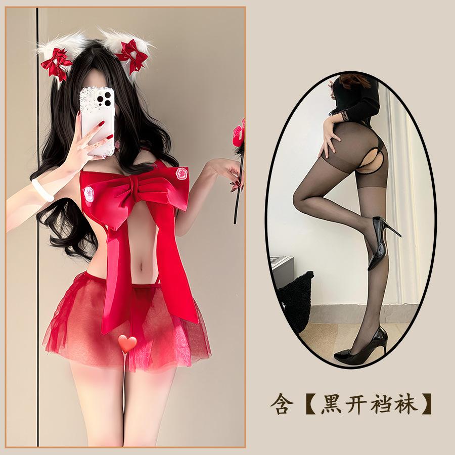 Sex Underwear Pink Bow Chest Pad Three-point Pure Desire Temptation Splicing Mesh Perspective Free