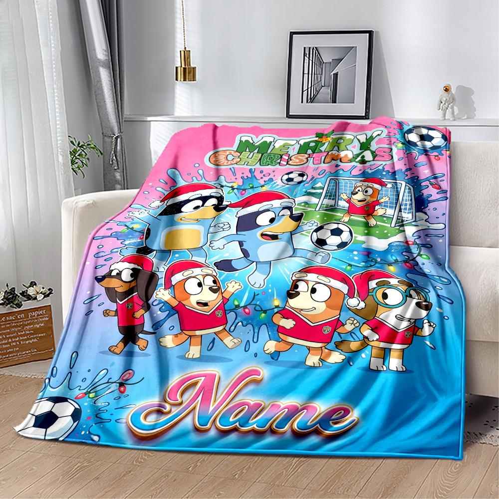 Bluey Soccer Adventure Customize Text Blanket Cozy Customizable Blanket Comfortable Great for Bedding Couch Sofa Office Chair Four Seasons Universal
