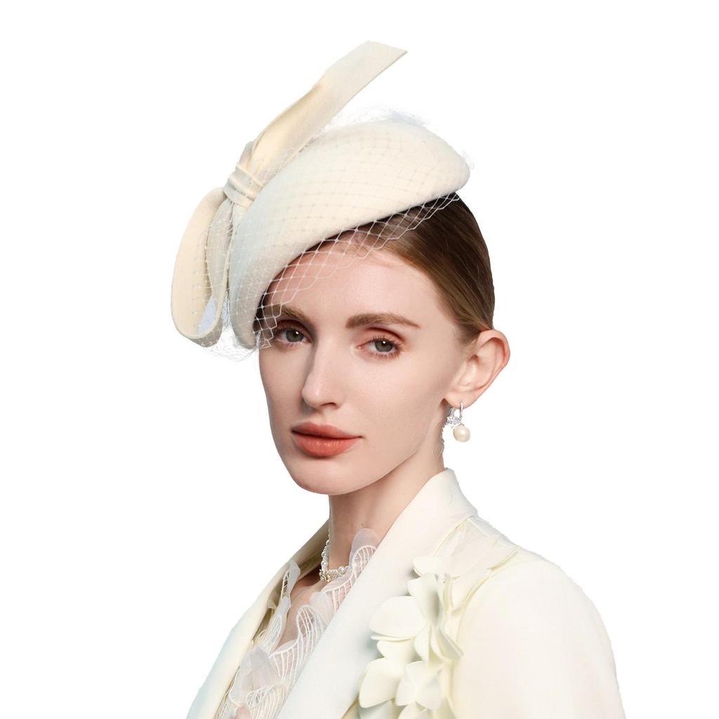 Vintage Wool Fascinator Hat with Bow, Black, 20s 50s Cocktail Party Pillbox Hat with Mesh Veil, Wedding Formal Occasion Hair Clip