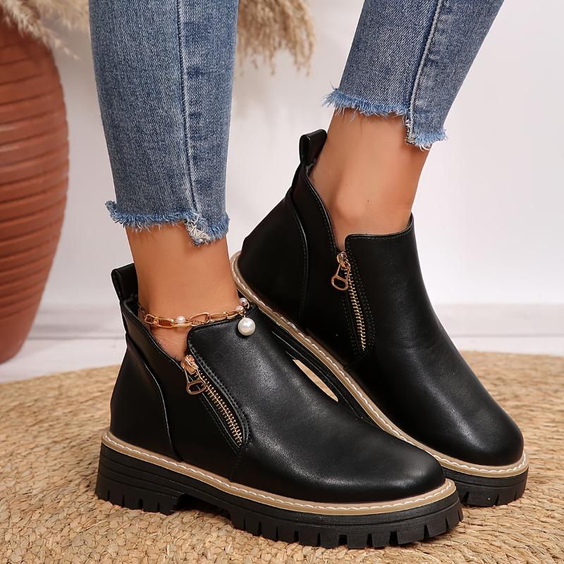 Women's Autumn/Winter New Chunky Sole Slip-Resistant Comfortable Low Heel Round Toe Side Zipper Closed Short Boots, Fashionable High-End Women's Shoes